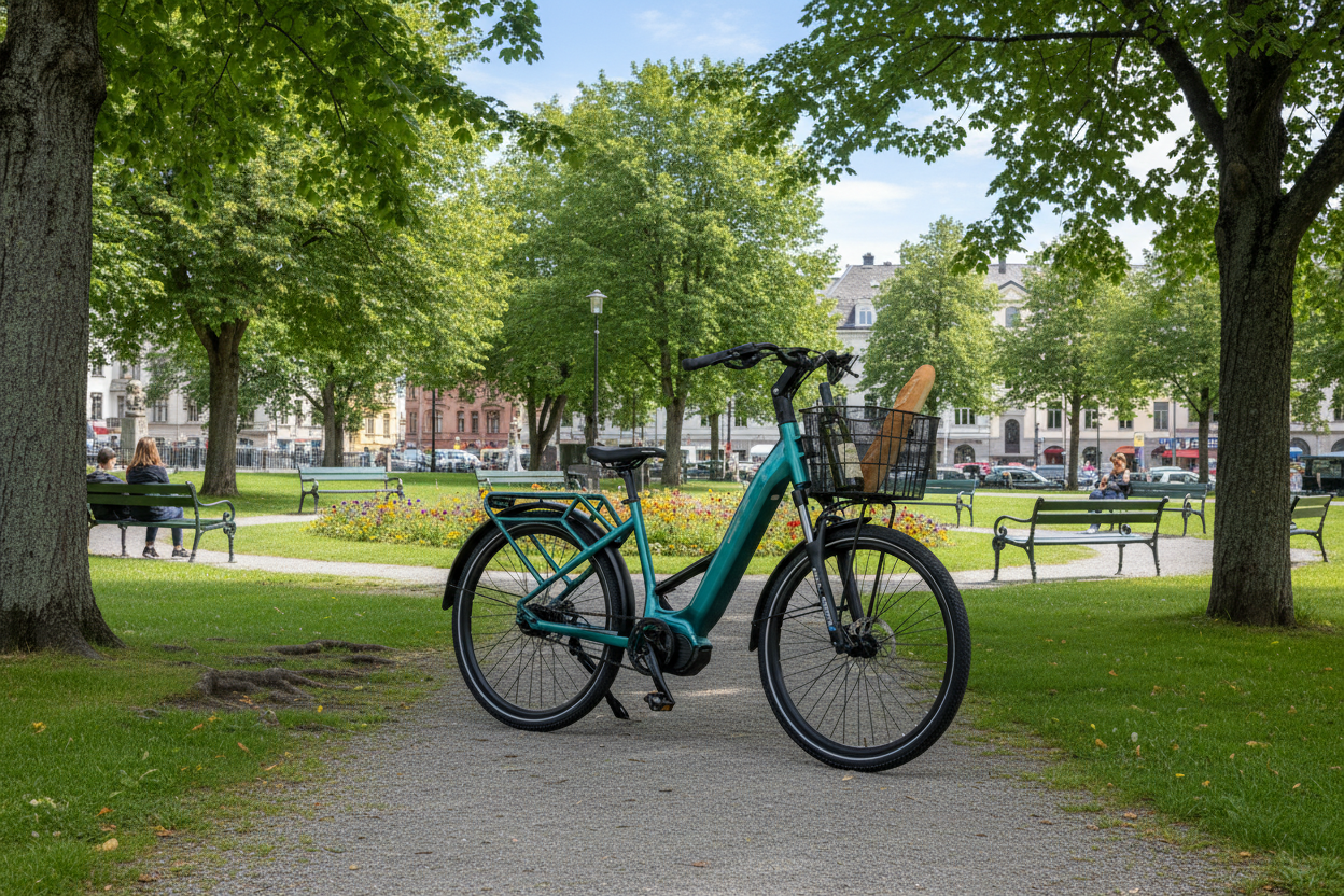 Mechanic Arts Flo grønn elektrisk sykkel parkbakgrunn