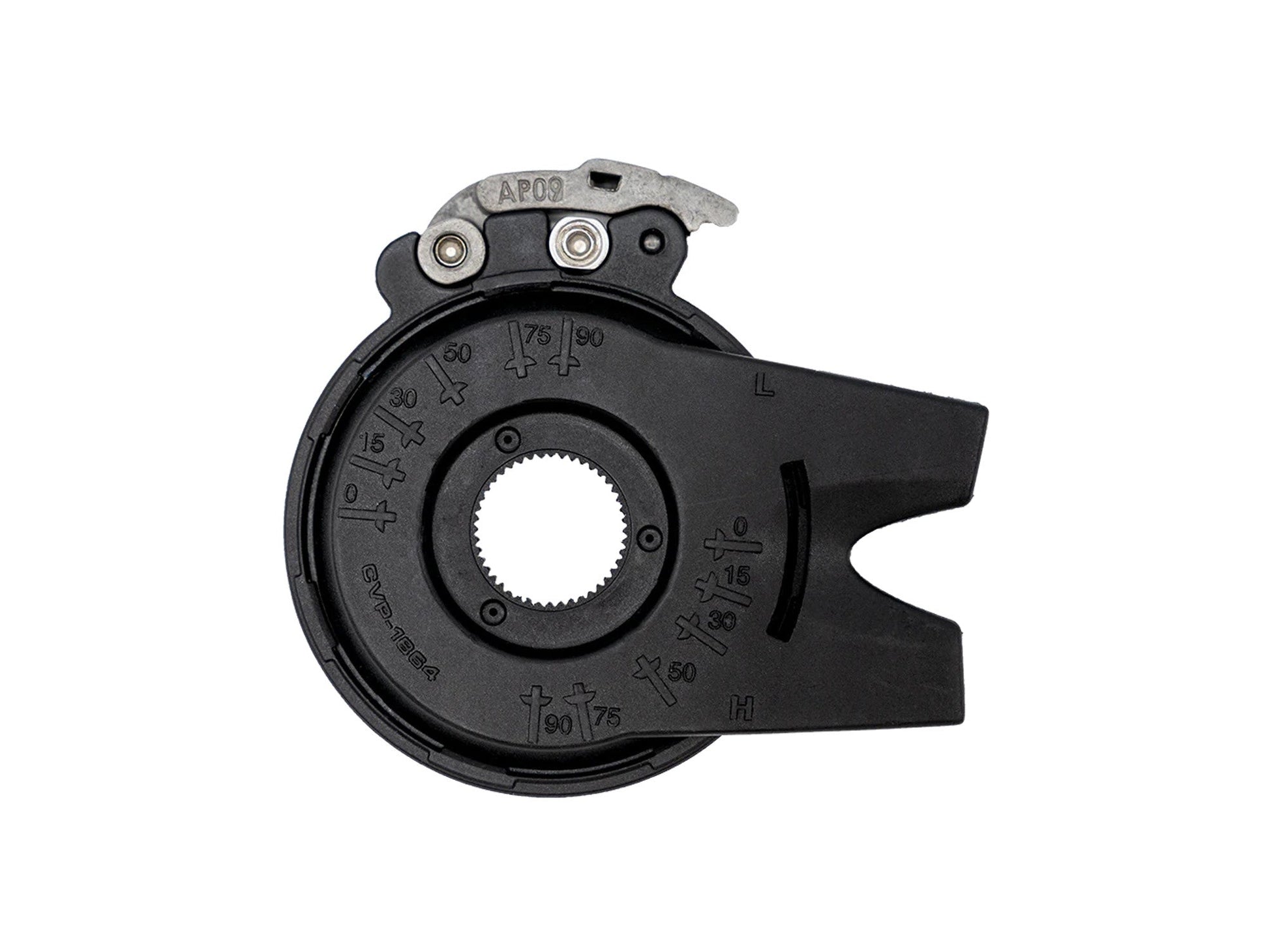 Enviolo manual shift interface for trinnløst girnav, vist ovenfra mot hvit bakgrunn. Rund svart plastkomponent med sentralt splines-hull for montering på navaksel, graderingsmerking fra 0 til 90 grader med L/Low og H/High indikatorer, metallbøyle AP09 med justeringsskruer og produktkode CVP-1984
