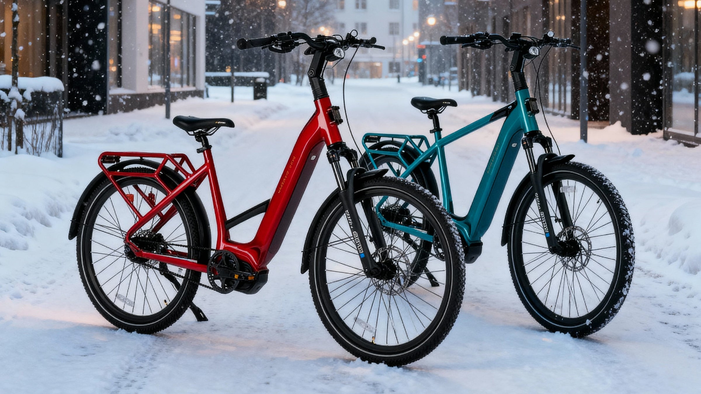 Flo oxblood og rida emerald elsykkel i snøvær