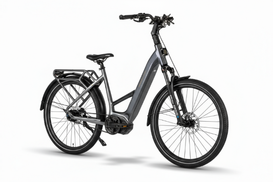 Mechanic Arts Flo elsykkel i titan - kompakt bysykkel med påveist bagasjebærer