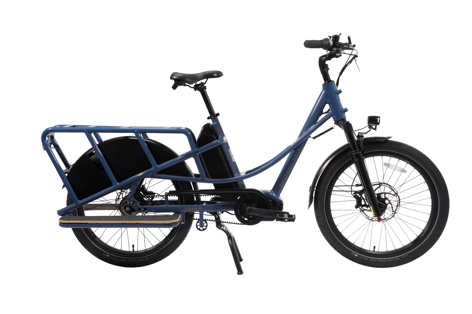 Mechanic Arts Haulr elsykkel med Gates beltedrift og fotbrett for passasjer – elektrisk longtail-sykkel i moderne bydesign