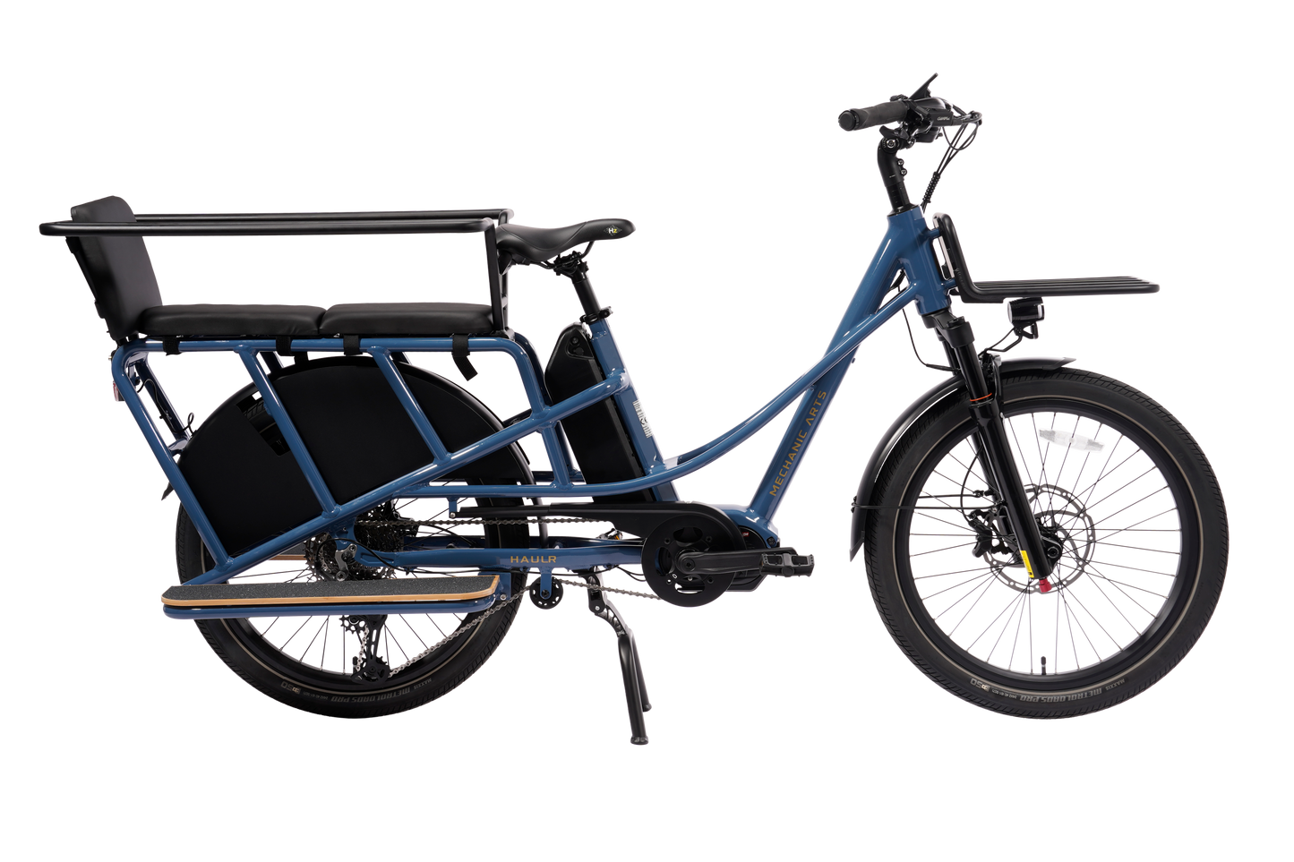 Mechanic Arts Haulr elsykkel med kjededrift, barnegrind og fotbrett – familievennlig longtail med barnesikring og passasjerutstyr