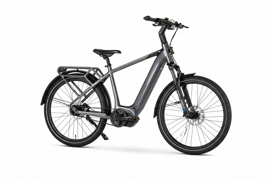 Mechanic Arts Rida elsykkel titan farge hvit bakgrunn - kompakt elsykkel med påsveist bagasjebærer