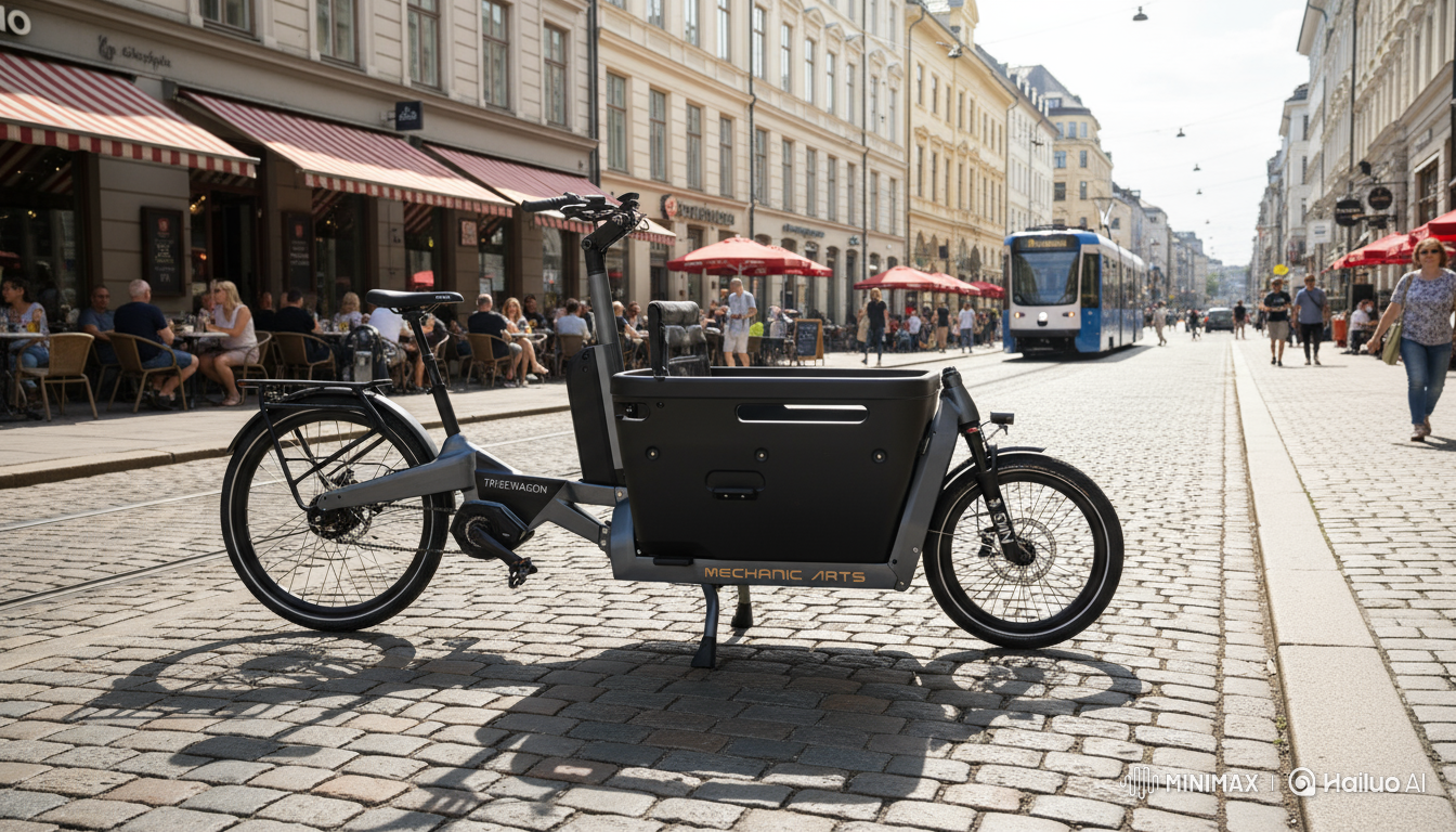 Mechanic Arts Tribewagon elsykkel med stor frontlaster i Oslo sentrum
