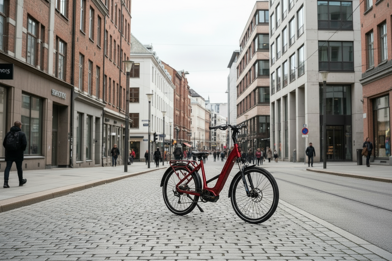 Mechanic Arts Flo rød elsykkel oslo bakgrunn