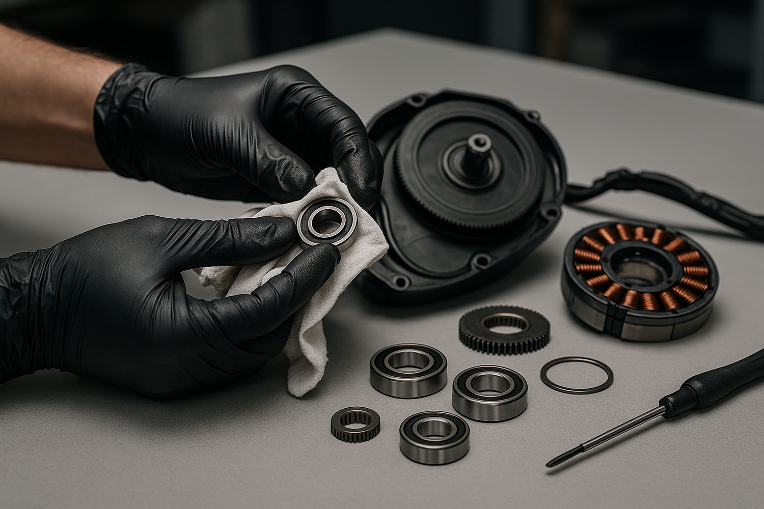 Ultra realistic image of two hands with black latex gloves doing a repair on a mid drive of an e-bike engine. The engine is already disassembled and placed on a workbench, where the engineers hands are holding a bearing in one hand and moving a cloth to clean it with the other hand